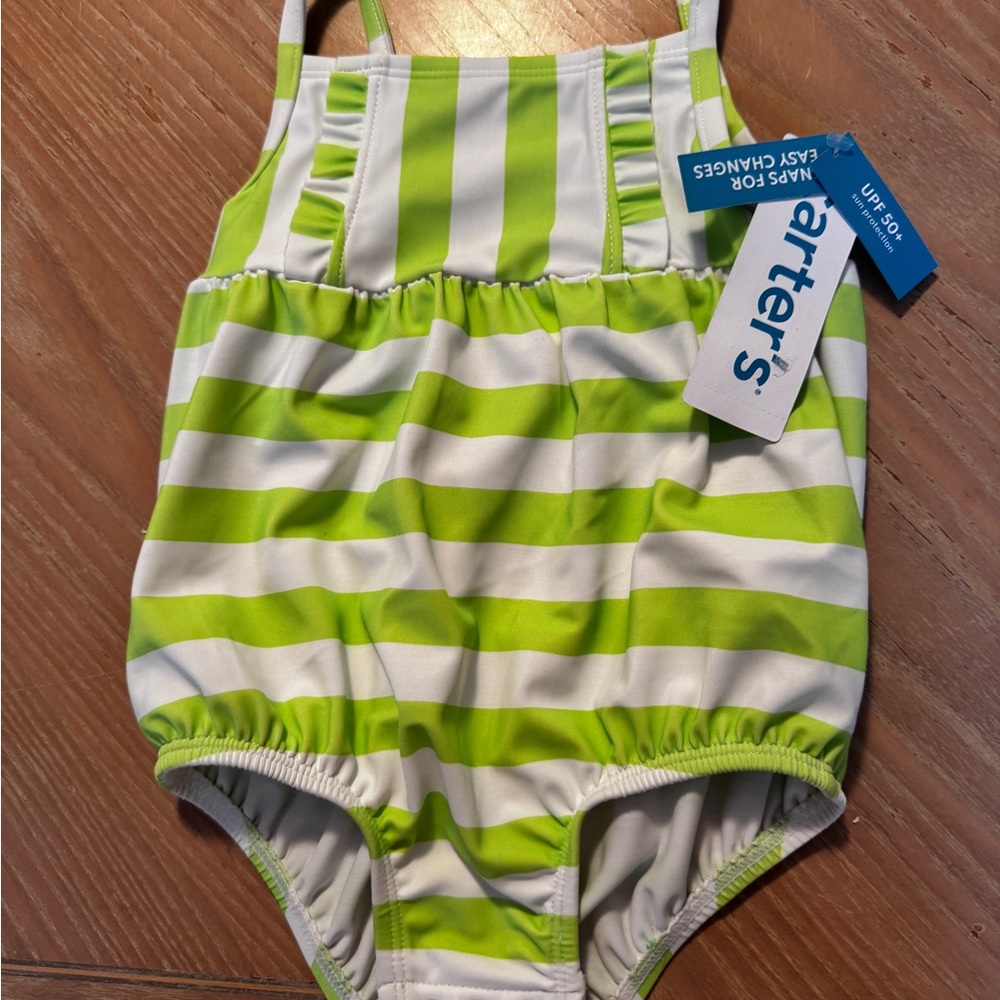 NWT NEW Carter's Green White Striped Swimsuit Bathing suit SZ 9 Mon UPF 50 NEW - Picture 1 of 9